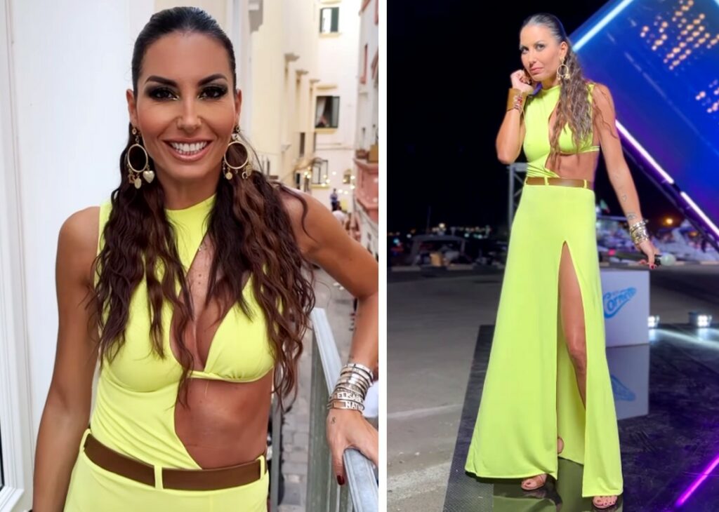 Elisabetta Gregoraci all'evento col vestito metà girocollo e metà bikini: lo strano look fa parlare