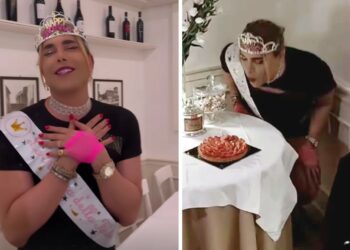 Giacomo Urtis nei panni di Jenny festeggia il 46esimo compleanno con coroncina in testa e guanti rosa: foto