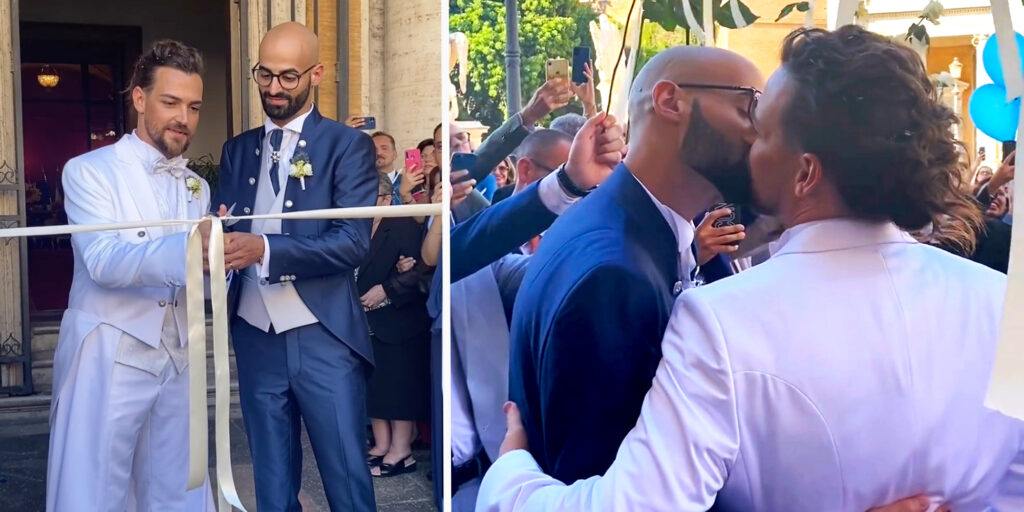 Valerio Scanu ha sposato il compagno Luigi Calcara: frack con strascico bianco e grande festa. Foto