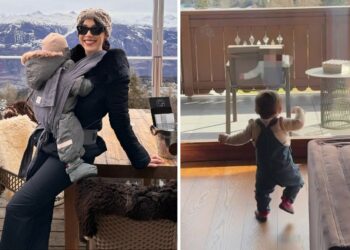 Aurora Ramazzotti porta il figlio di 11 mesi per la prima volta in montagna in Svizzera, Cesare tra le vette muove i primi passi: guarda