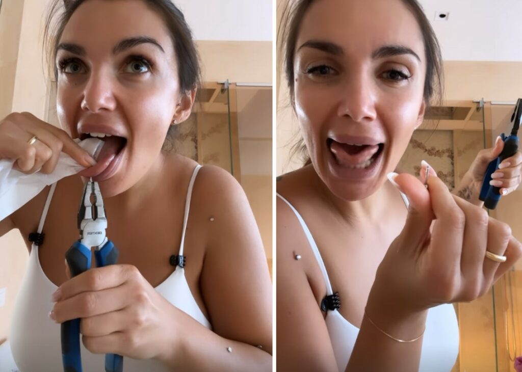 Le si rompe il piercing alla lingua, Elettra Lamborghini costretta a toglierlo usando le pinze: guarda