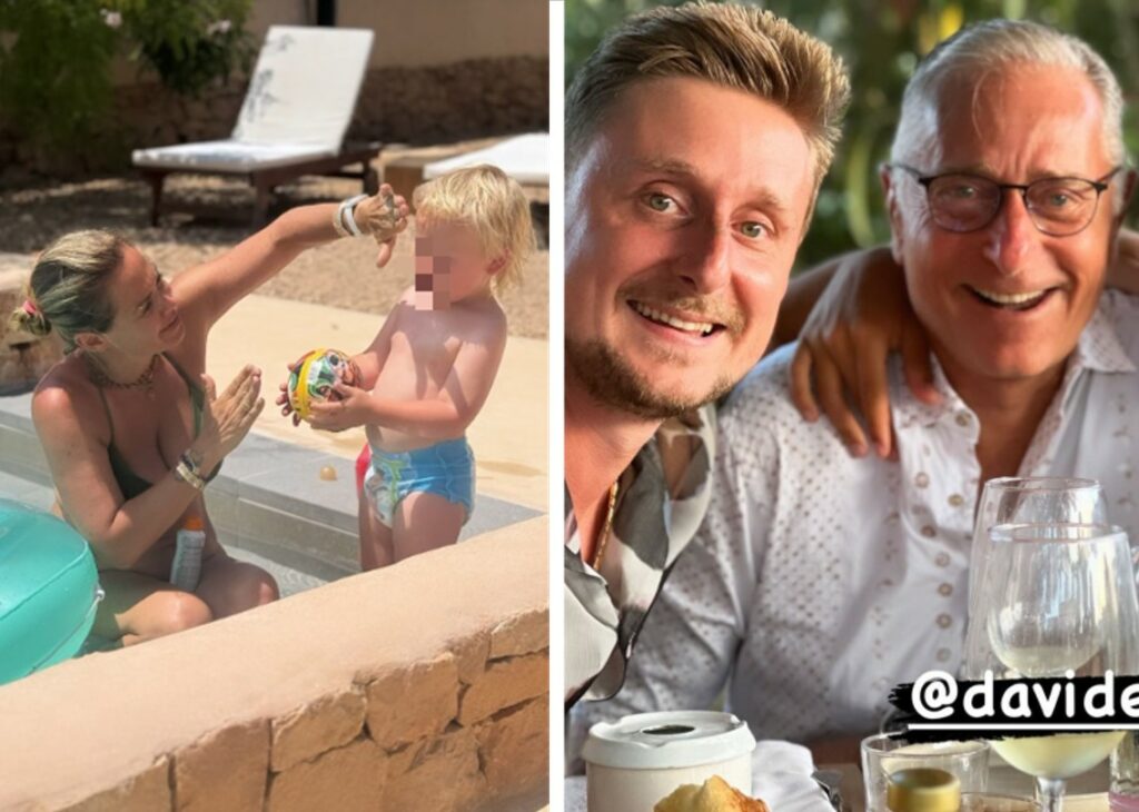 Sonia Bruganelli e Paolo Bonolis in vacanza insieme da famiglia allargata: entrambi coccolano il nipotino americano del conduttore