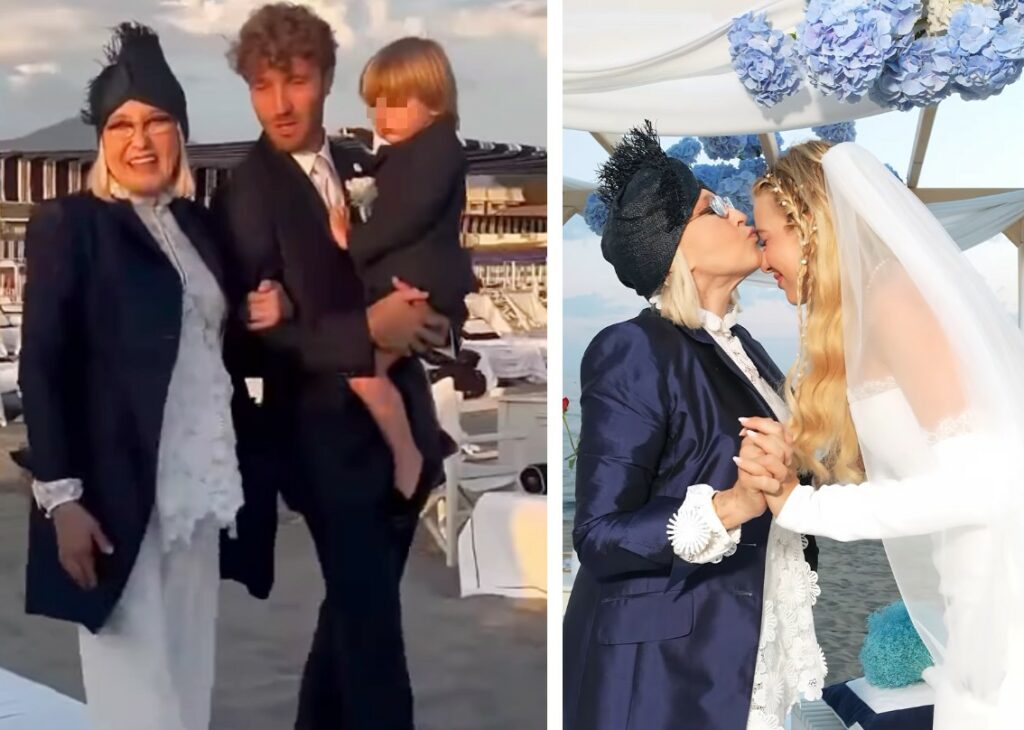 Eleonora Giorgi alle nozze del figlio col copricapo abbinato: nonostante la chemio in prima fila a Forte dei Marmi Eleonora Giorgi alle nozze del figlio col copricapo abbinato: nonostante la chemio in prima fila a Forte dei Marmi