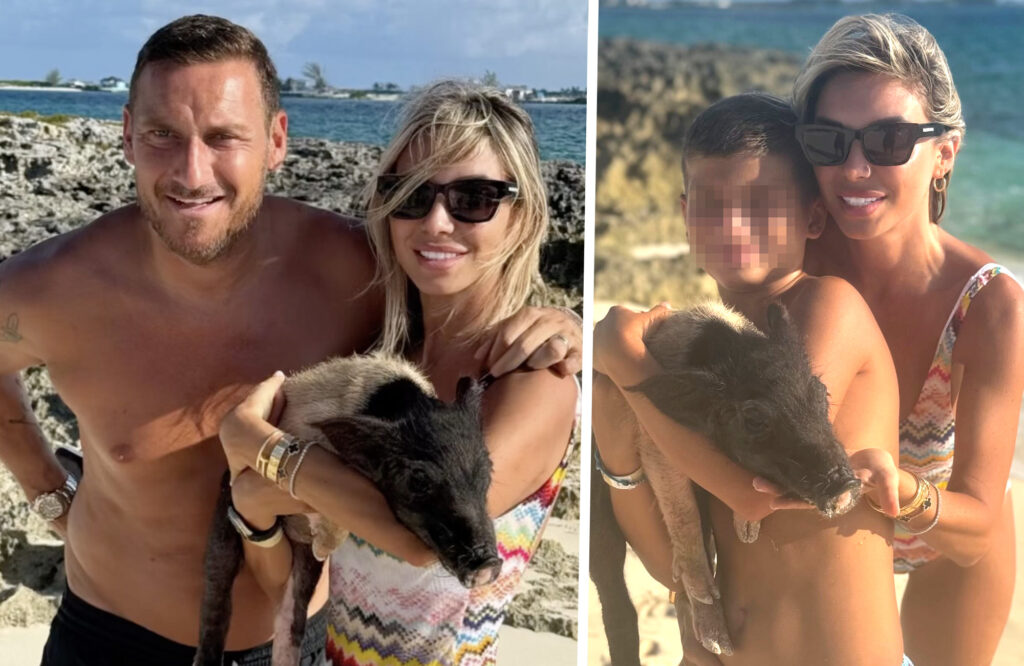 Francesco Totti e Noemi Bocchi coccolano un maialino in spiaggia durante le vacanze alla Bahamas: guarda