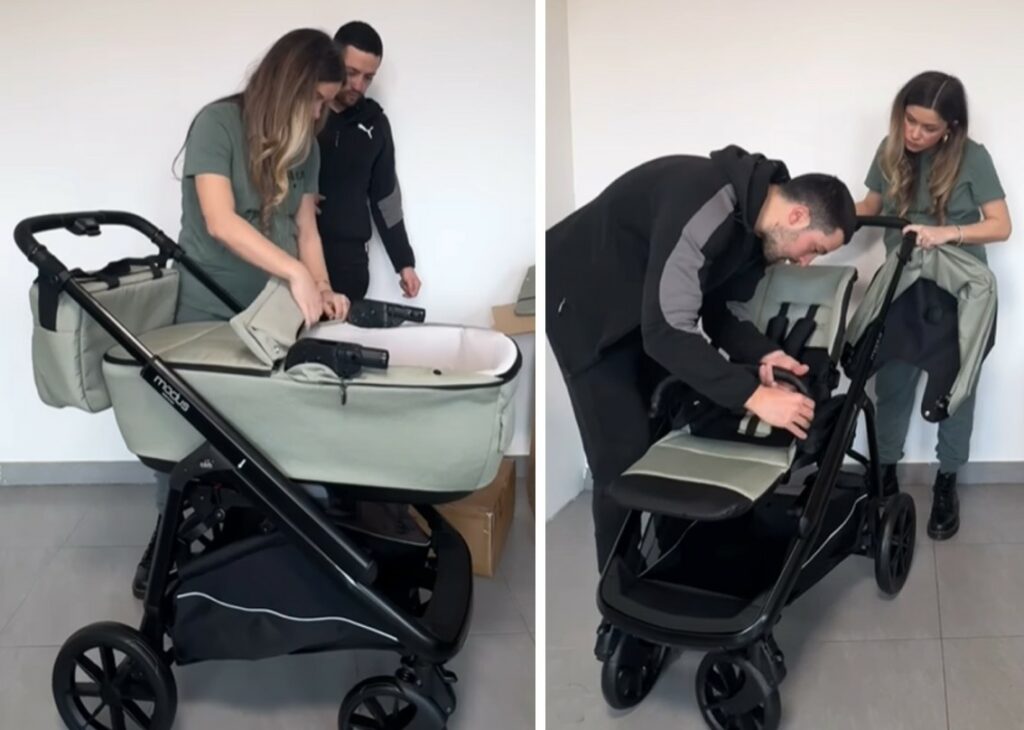 Alice Bellagamba, all'ottavo mese di gravidanza, monta il passeggino per il suo Brando insieme al compagno: guarda