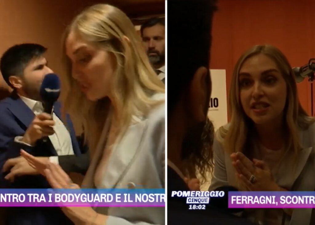 L'inviato di Pomeriggio 5 strattonato dai bodyguard della Ferragni, Myrta Merlino sbotta in studio: ''Sceneggiata per due domande''