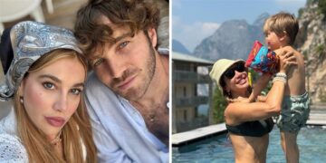Clizia Incorvaia e Paolo Ciavarro con il figlio in montagna