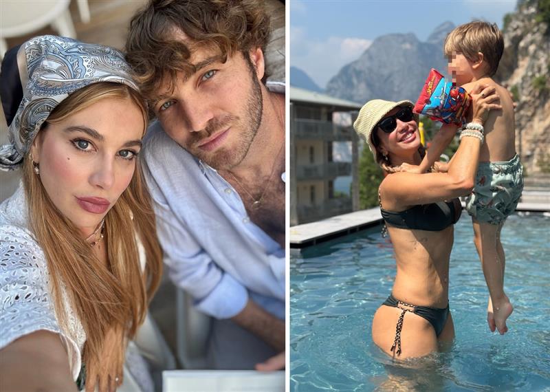 Clizia Incorvaia e Paolo Ciavarro con il figlio in montagna Clizia Incorvaia e Paolo Ciavarro con il figlio in montagna