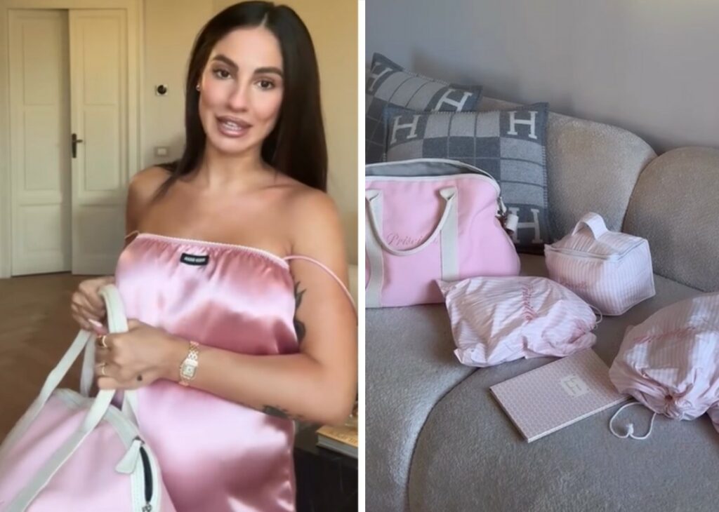 Giulia De Lellis mostra la borsa personalizzata per il parto col nome della nascitura stampato sopra e tutto quello che c'è dentro da portare in ospedale