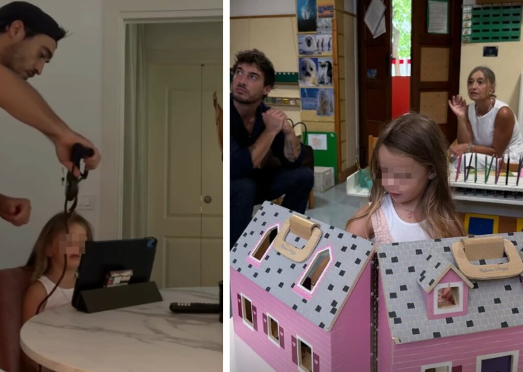 Belen e Antonino Spinalbese accompagnano loro figlia Luna Marì al primo giorno di scuola della sua vita: il papà le fa anche la piega prima, foto