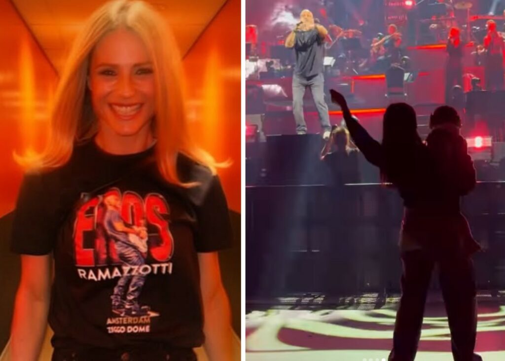 Michelle Hunziker ad Amsterdam con le figlie al concerto di Eros Ramazzotti Michelle Hunziker ad Amsterdam con le figlie al concerto di Eros Ramazzotti