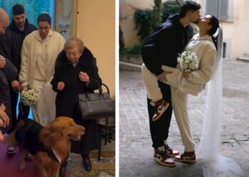 Valentina Vignali e Fabio Stefanini si sono sposati in comune a Pesaro: guarda la sposa in tuta e sneakers