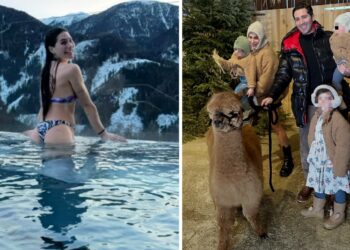 Ludovica Valli sulle Dolomiti con il compagno e i tre figli