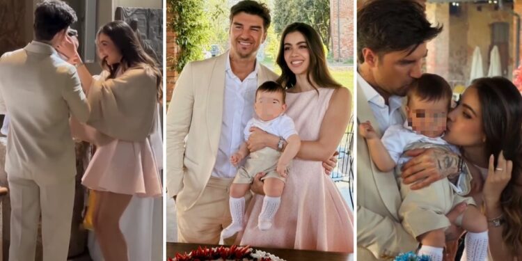 Andrea Damante e la compagna Elisa Visari fanno festa per il battesimo del figlio di 7 mesi Liam: foto