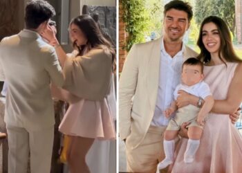 Andrea Damante e la compagna Elisa Visari fanno festa per il battesimo del figlio di 7 mesi Liam: foto